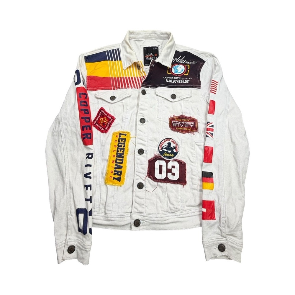 Copper Rivet Denim Jacket Men S White Worldwide Graphic Patch Trucker Streetwear